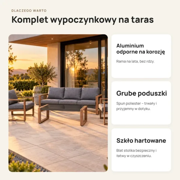 Zestaw mebli ogrodowych: sofa 3-osobowa, 2 fotele i stolik – Antracyt / Brązowy