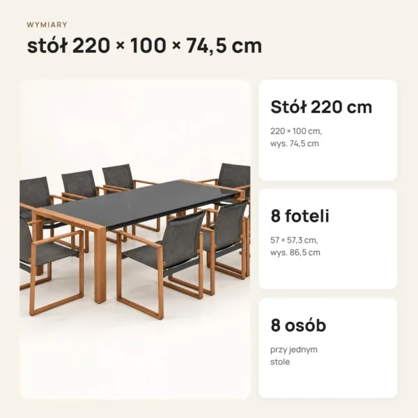 Zestaw ogrodowy jadalniany: stół 220 cm i 8 foteli – Antracyt / Brązowy