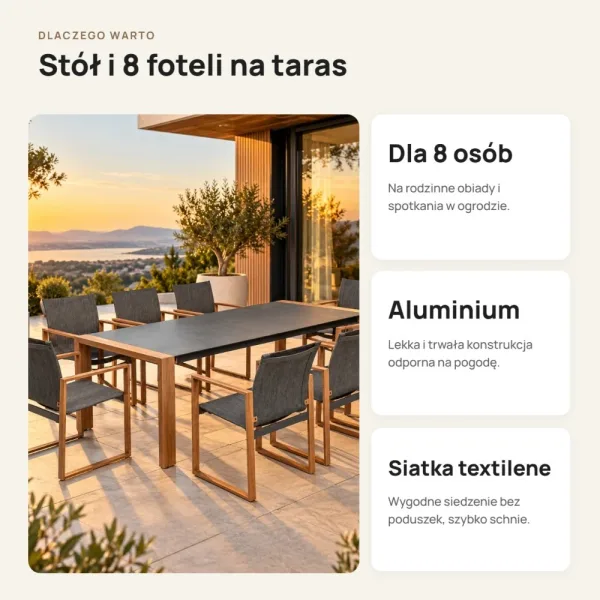 Zestaw ogrodowy jadalniany: stół 220 cm i 8 foteli – Antracyt / Brązowy