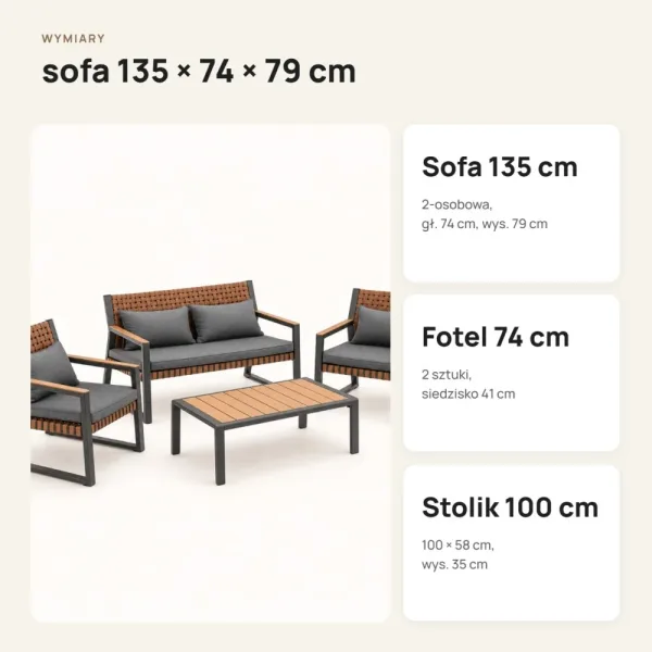 Zestaw ogrodowy: sofa 2-osobowa, 2 fotele i stolik kawowy – Szary