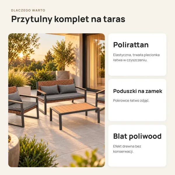 Zestaw ogrodowy: sofa 2-osobowa, 2 fotele i stolik kawowy – Szary
