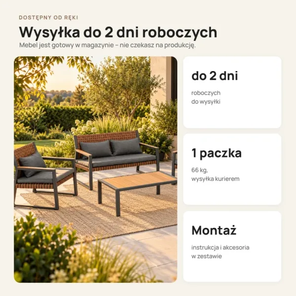 Zestaw ogrodowy: sofa 2-osobowa, 2 fotele i stolik kawowy – Szary