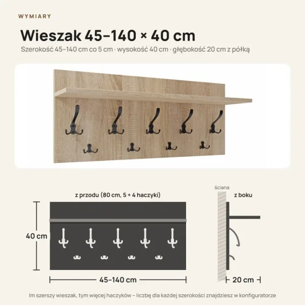 Wieszak ścienny - Dąb Sonoma - Na ubrania
