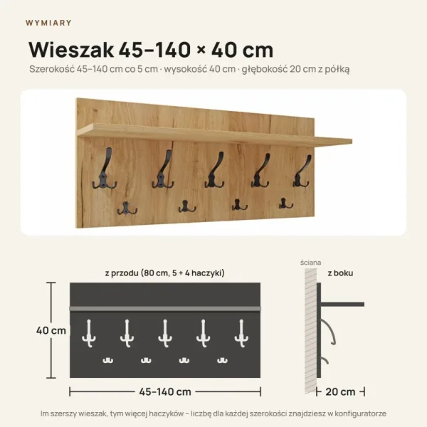 Wieszak ścienny - Dąb Złoty - Na ubrania