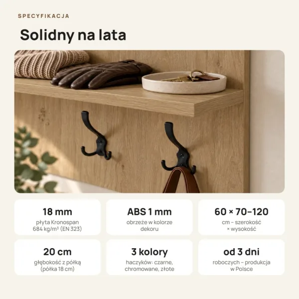 Wieszak ścienny pionowy - Dąb Kamienny - Na ubrania