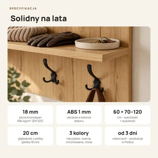 Wieszak ścienny pionowy - Dąb Złoty - Na ubrania