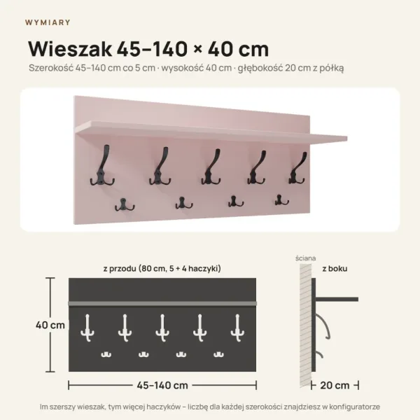 Wieszak ścienny - Różowy - Na ubrania