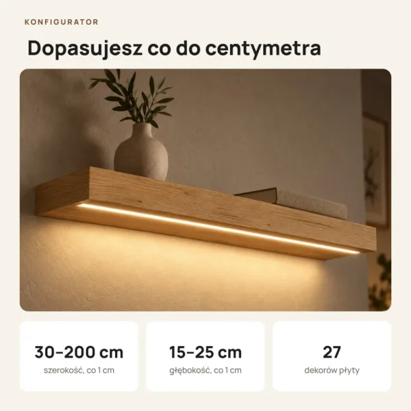 Półka wisząca LED - Dąb Złoty