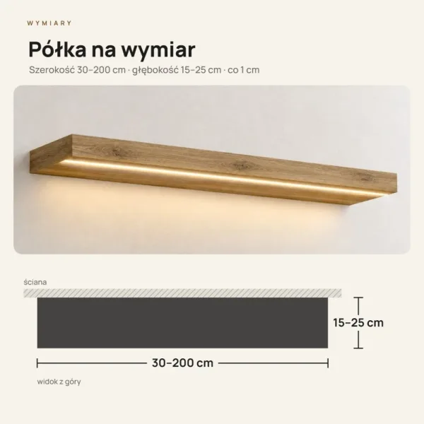 Półka wisząca LED - Dąb Kamienny