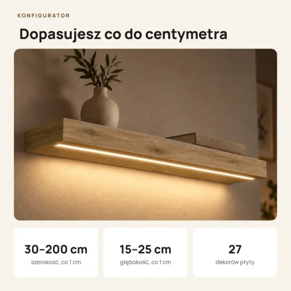 Półka wisząca LED - Dąb Kamienny