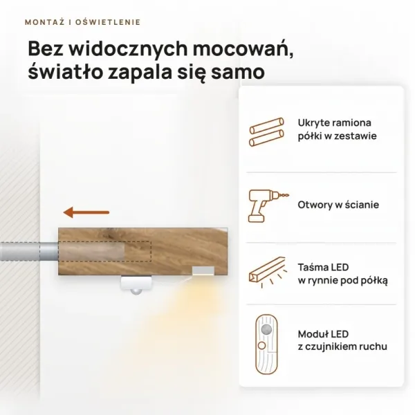 Półka wisząca LED - Dąb Kamienny