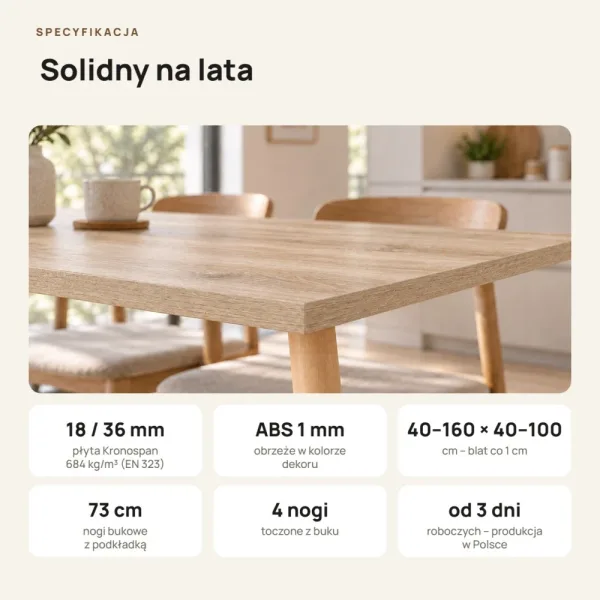 Stół kuchenny z nogami bukowymi - Dąb Sonoma