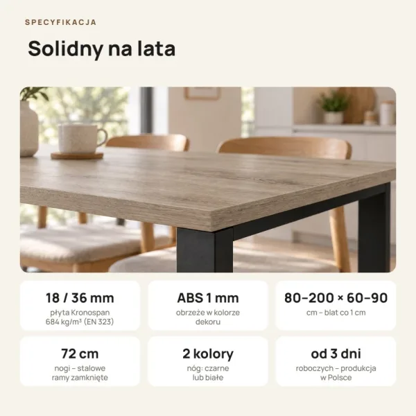 Stół kuchenny z metalowymi nogami - Dąb Kamienny