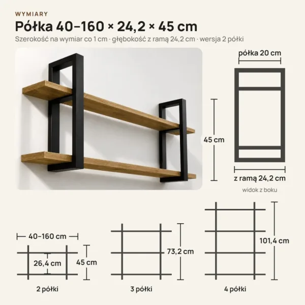 Półka metalowa Dąb Kamienny loftowa