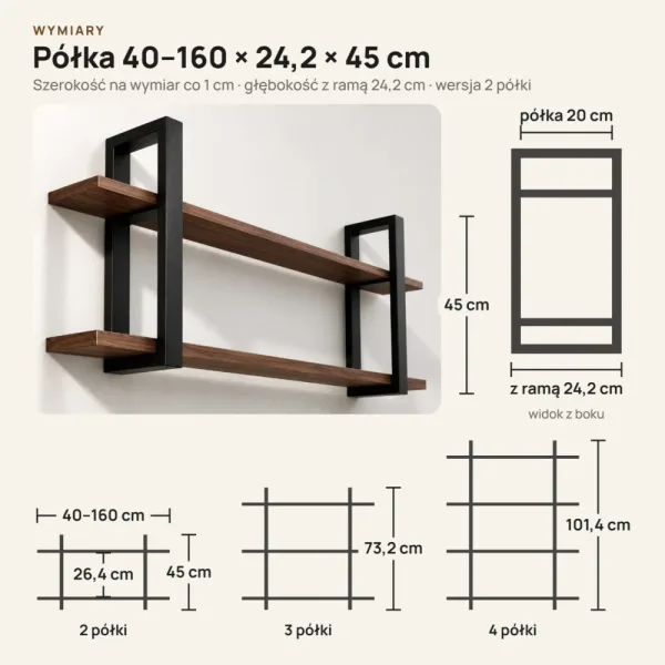 Półka metalowa orzech loftowa