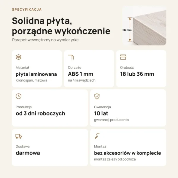 Parapet wewnętrzny na wymiar - Sosna