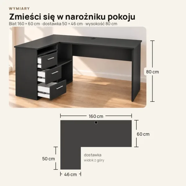 Biurko szkolne narożne Aga - Czarne