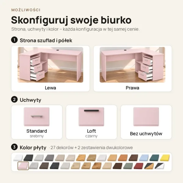 Biurko szkolne narożne Aga - Różowe