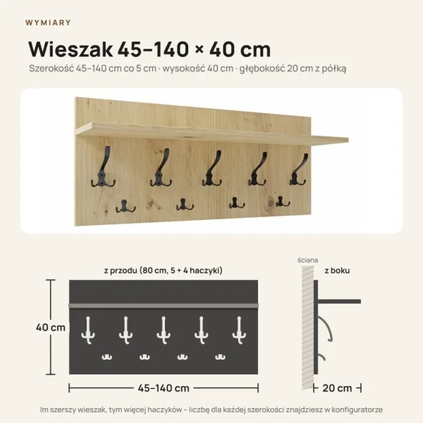 Wieszak ścienny - Dąb Artisan - Na ubrania