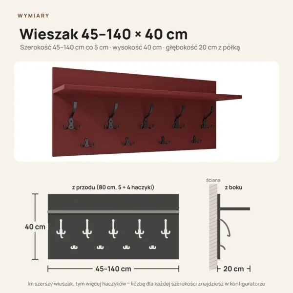Wieszak ścienny - Czerwony - Na ubrania