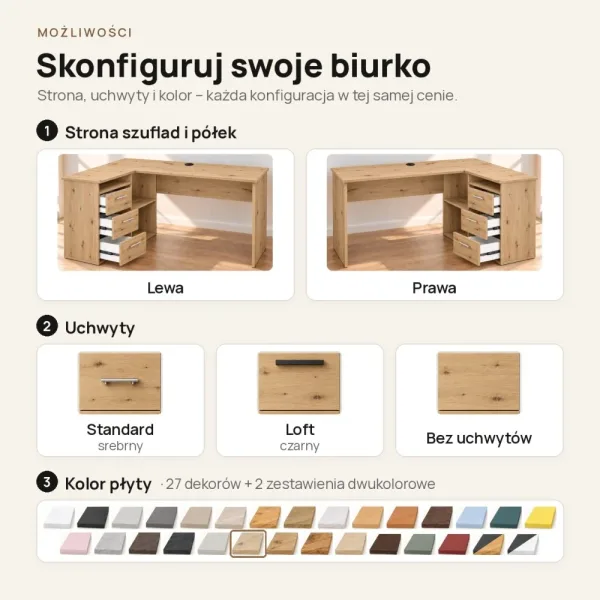 Biurko szkolne narożne Aga - Dąb Artisan