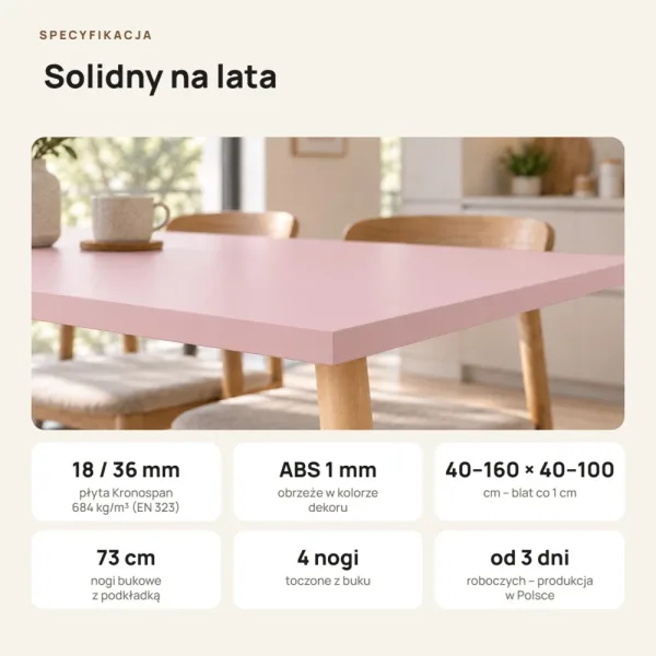 Stół kuchenny z nogami bukowymi - Różowy