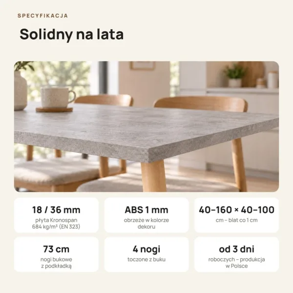 Stół kuchenny z nogami bukowymi - Beton