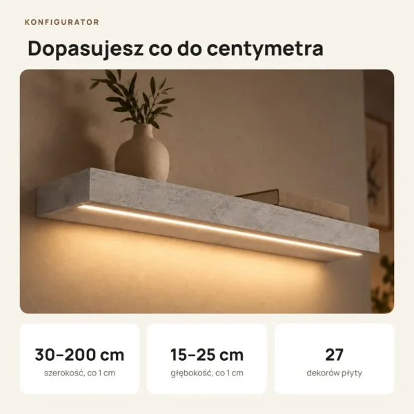Półka wisząca LED - Beton Jasny