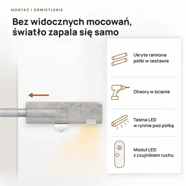Półka wisząca LED - Beton Jasny
