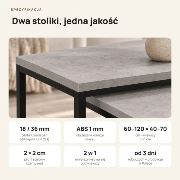 Stolik metalowy podwójny Beton Jasny - kolekcja Metalove