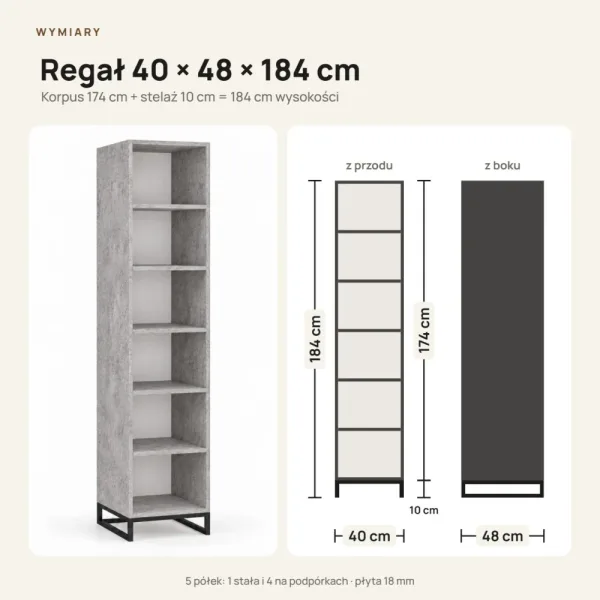 Regał metalowy pojedynczy beton - kolekcja Metalove