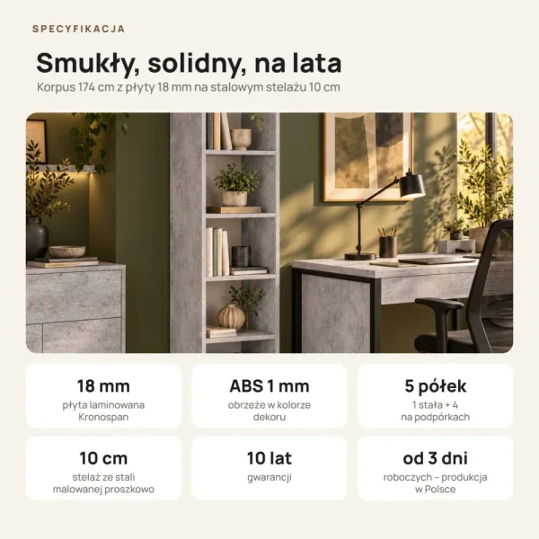 Regał metalowy pojedynczy beton - kolekcja Metalove