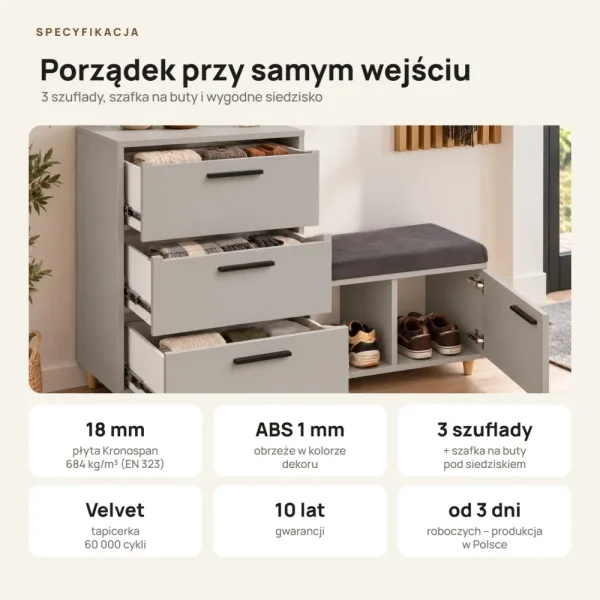 Komoda do przedpokoju z siedziskiem - Szara