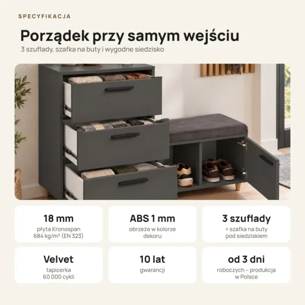 Komoda do przedpokoju z siedziskiem - Grafit