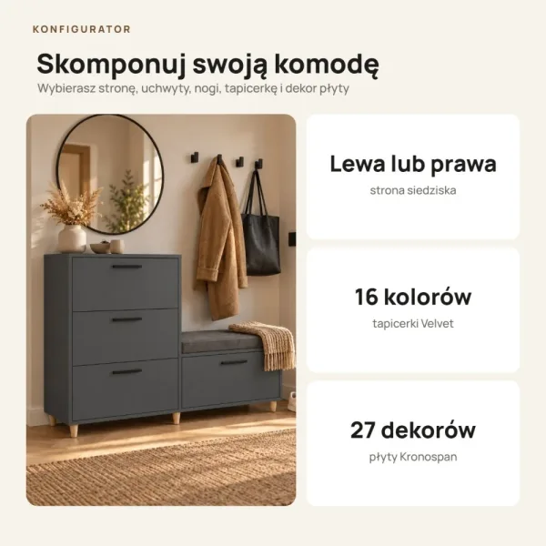 Komoda do przedpokoju z siedziskiem - Grafit
