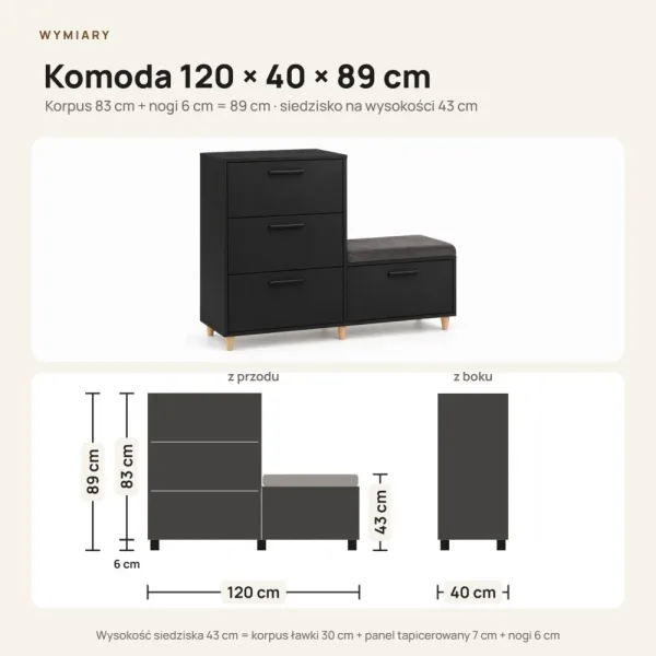 Komoda do przedpokoju z siedziskiem - Czarna