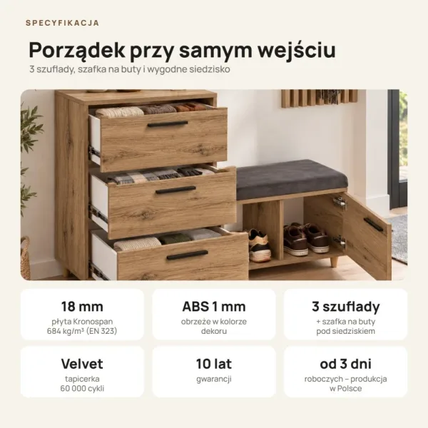 Komoda do przedpokoju z siedziskiem - Dąb Kamienny