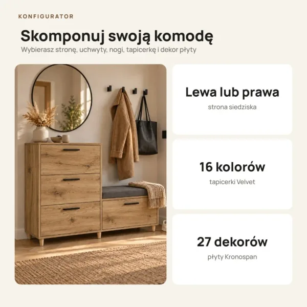 Komoda do przedpokoju z siedziskiem - Dąb Kamienny