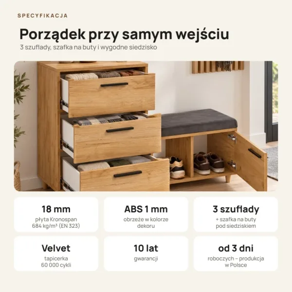 Komoda do przedpokoju z siedziskiem - Dąb Złoty