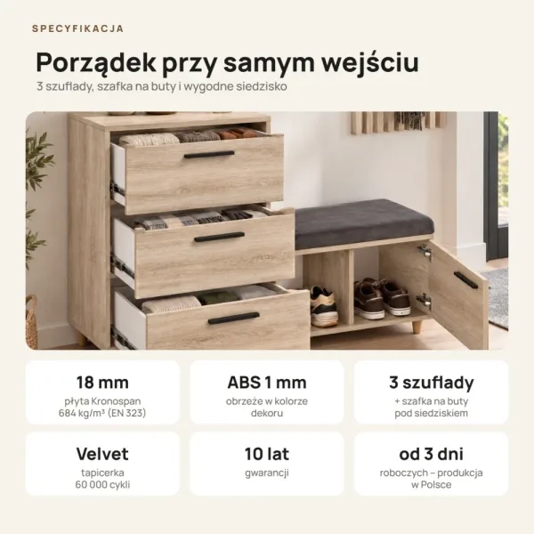 Komoda do przedpokoju z siedziskiem - Dąb Sonoma