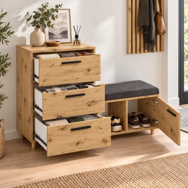 Komoda do przedpokoju z siedziskiem - Dąb Artisan