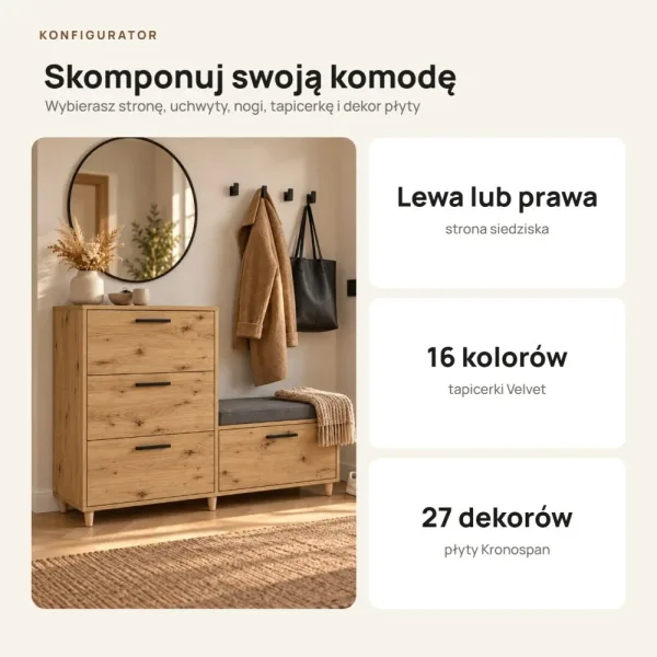Komoda do przedpokoju z siedziskiem - Dąb Artisan