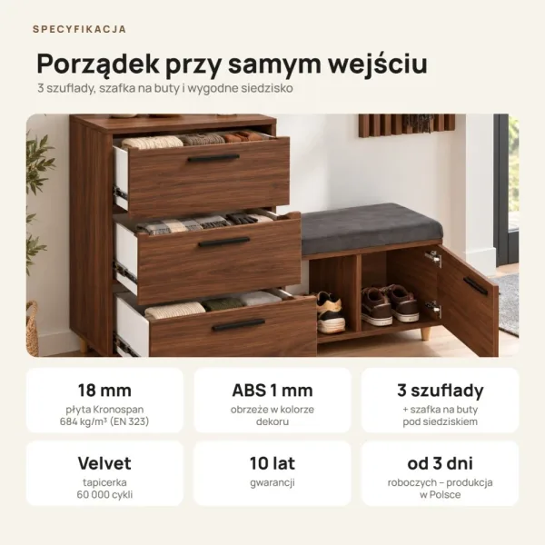 Komoda do przedpokoju z siedziskiem - Orzech