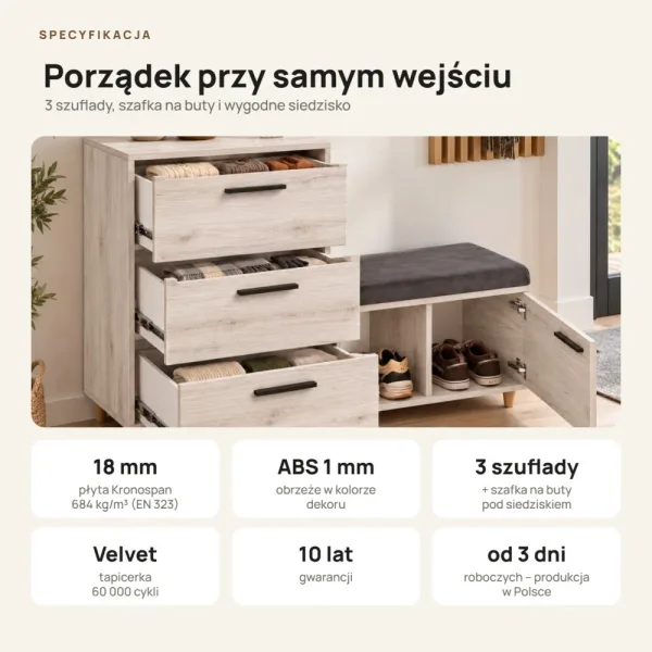 Komoda do przedpokoju z siedziskiem - Sosna