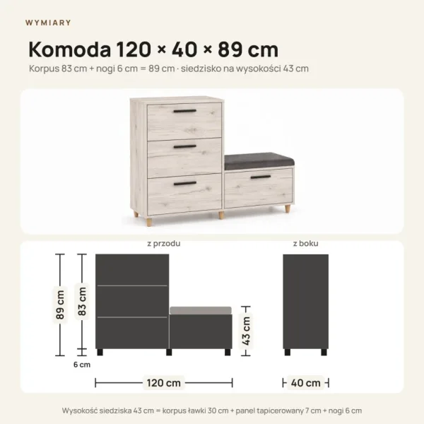 Komoda do przedpokoju z siedziskiem - Sosna