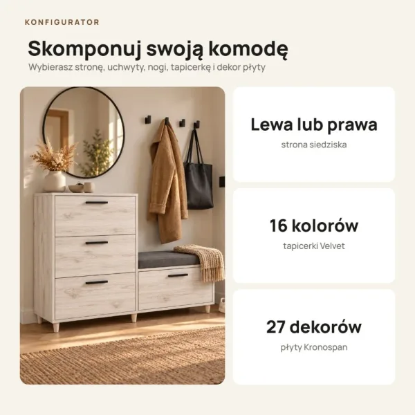 Komoda do przedpokoju z siedziskiem - Sosna