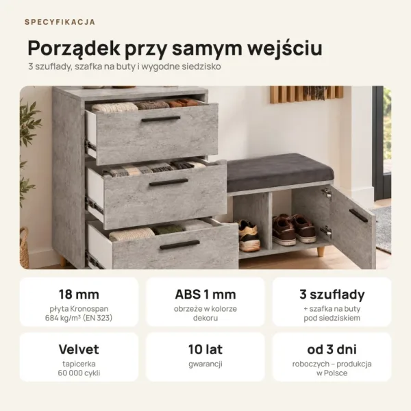 Komoda do przedpokoju z siedziskiem - Beton