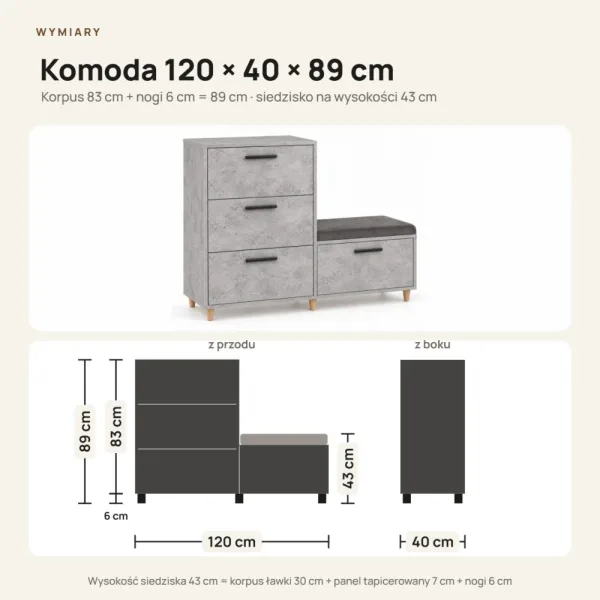 Komoda do przedpokoju z siedziskiem - Beton