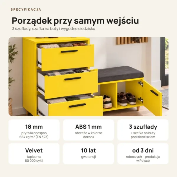 Komoda do przedpokoju z siedziskiem - Żółta