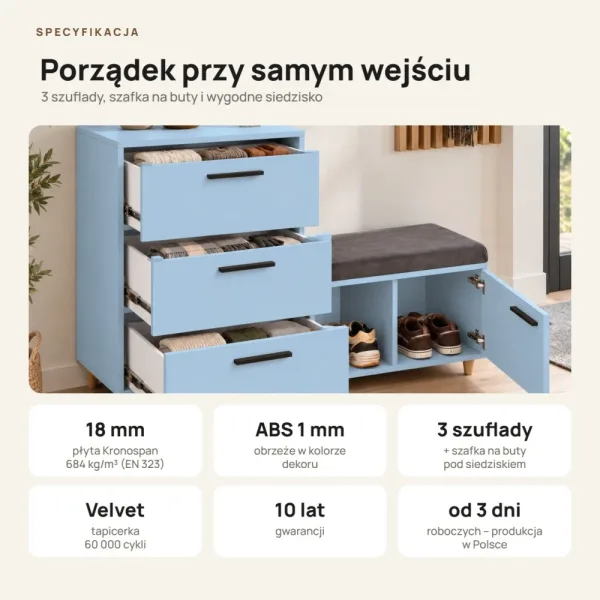 Komoda do przedpokoju z siedziskiem - Niebieski